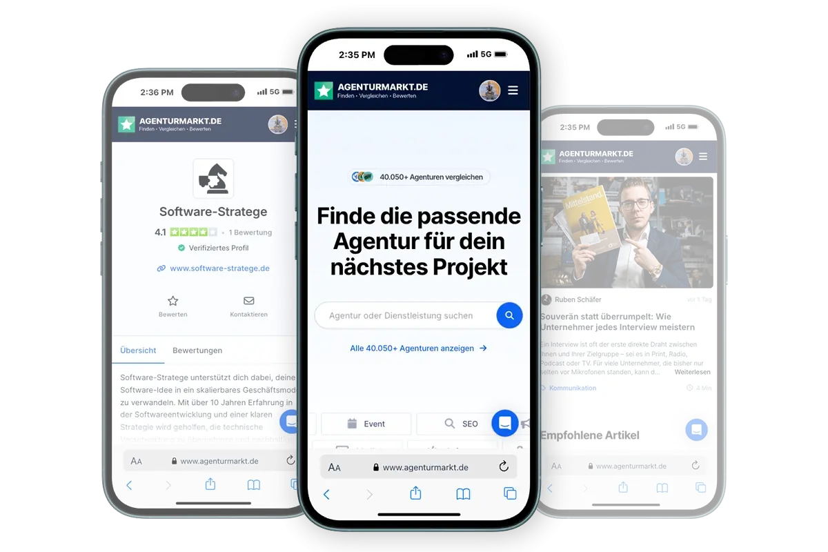 Screenshots von der mobilen Ansicht von Agenturmarkt.de