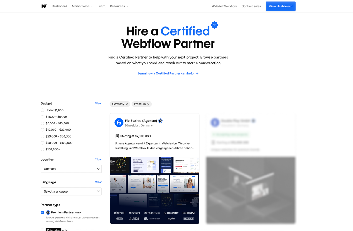 So findest du einen Webflow Premium Partner: Unsere Agentur im offiziellen Webflow Directory als einer von wenigen Webflow Premium Partnern in Deutschland