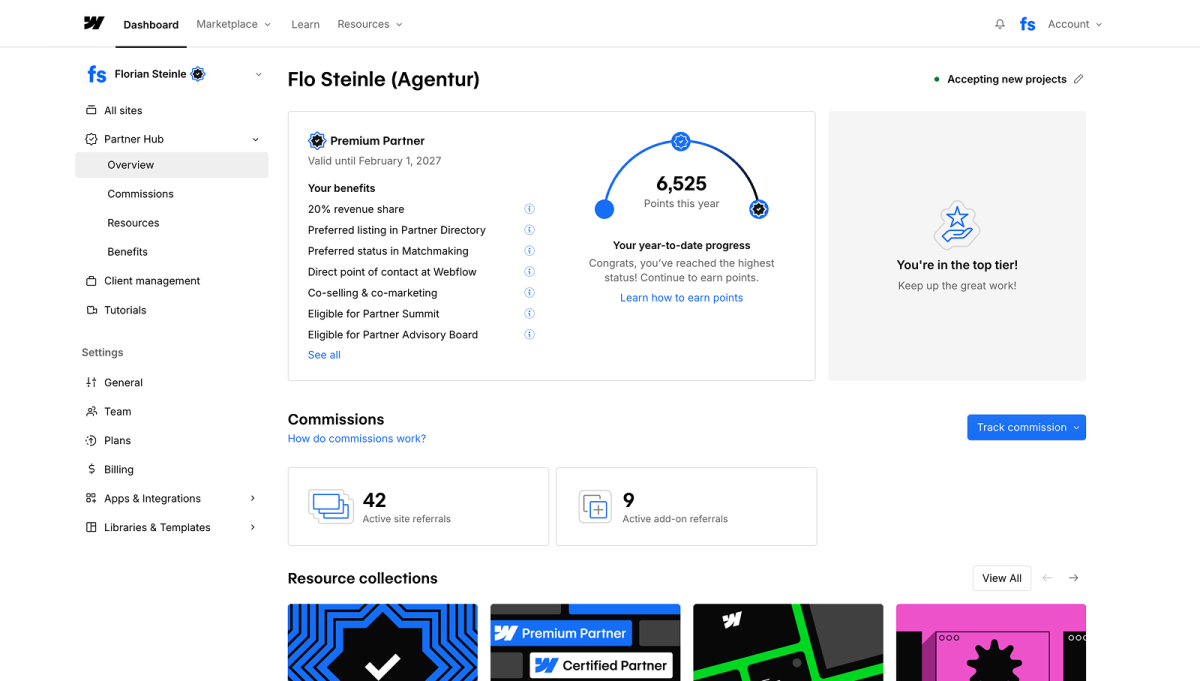 Webflow Partner Hub:Bestätigung unseres Premium Partner Status mit allen Vorteilen und aktuellem Fortschritt