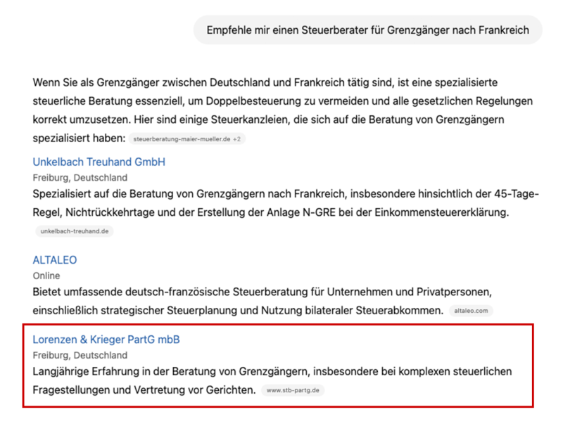 Abb. Zeigt die ChatGPT Ergebnisse für „Empfehle mir einen Steuerberater für Grenzgänger nach Frankreich“