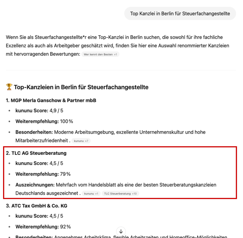 Abb. zeigt die ChatGPT Ergebnisse für “Top Kanzlei in Berlin für Steuerfachangestellte”