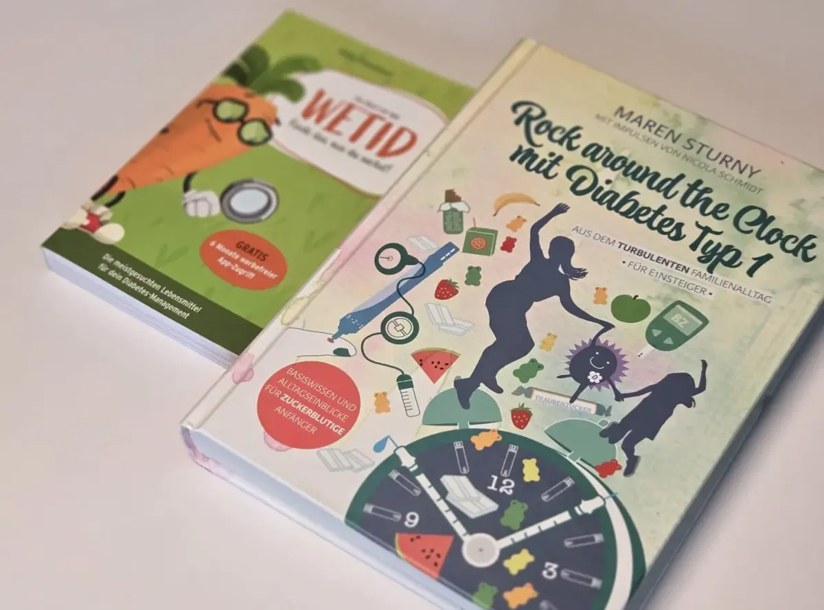 Büchercover: 'Rock around the Clock mit Diabetes Typ 1' und 'METID'.