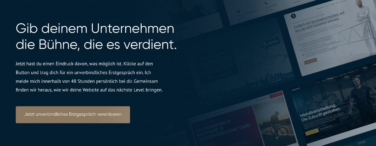Das Bild zeigt eine stilvolle Webdesign-Präsentation mit dem Text „Gib deinem Unternehmen die Bühne, die es verdient.“
