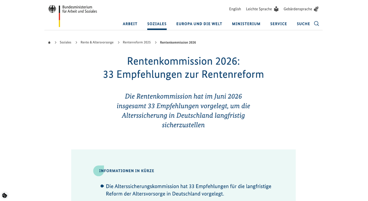 Übersicht der Rentenkommission 2026 mit Empfehlungen zur Rentenreform.