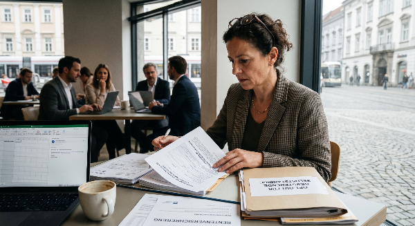 Eine Frau arbeitet an Dokumenten zur Rentenreform 2026 in einem Café.