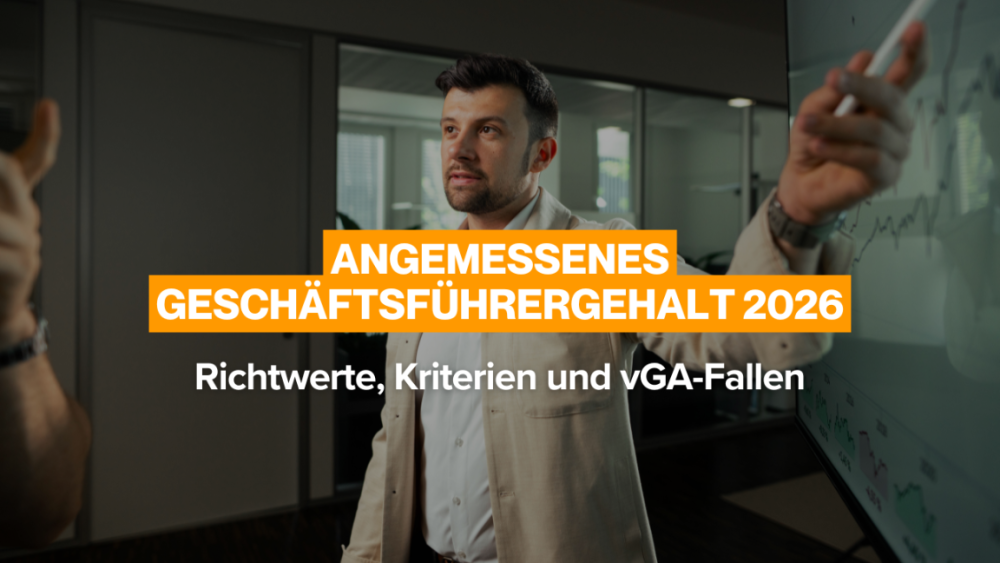 Ein Geschäftsmann präsentiert Informationen zu angemessenem Geschäftsführergehalt 2026.
