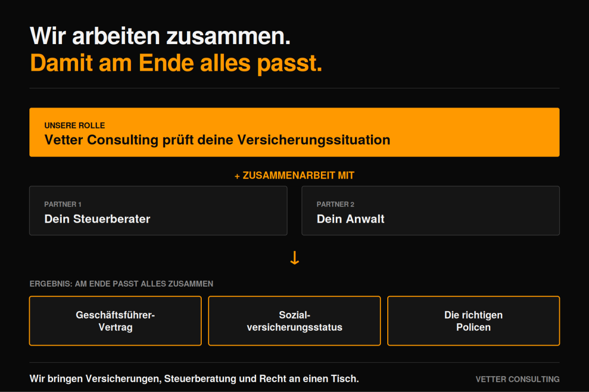 Bei Vetter Consulting prüfen wir deine Versicherungssituation und arbeiten eng mit deinem Steuerberater und Anwalt zusammen, damit am Ende alles zusammenpasst.