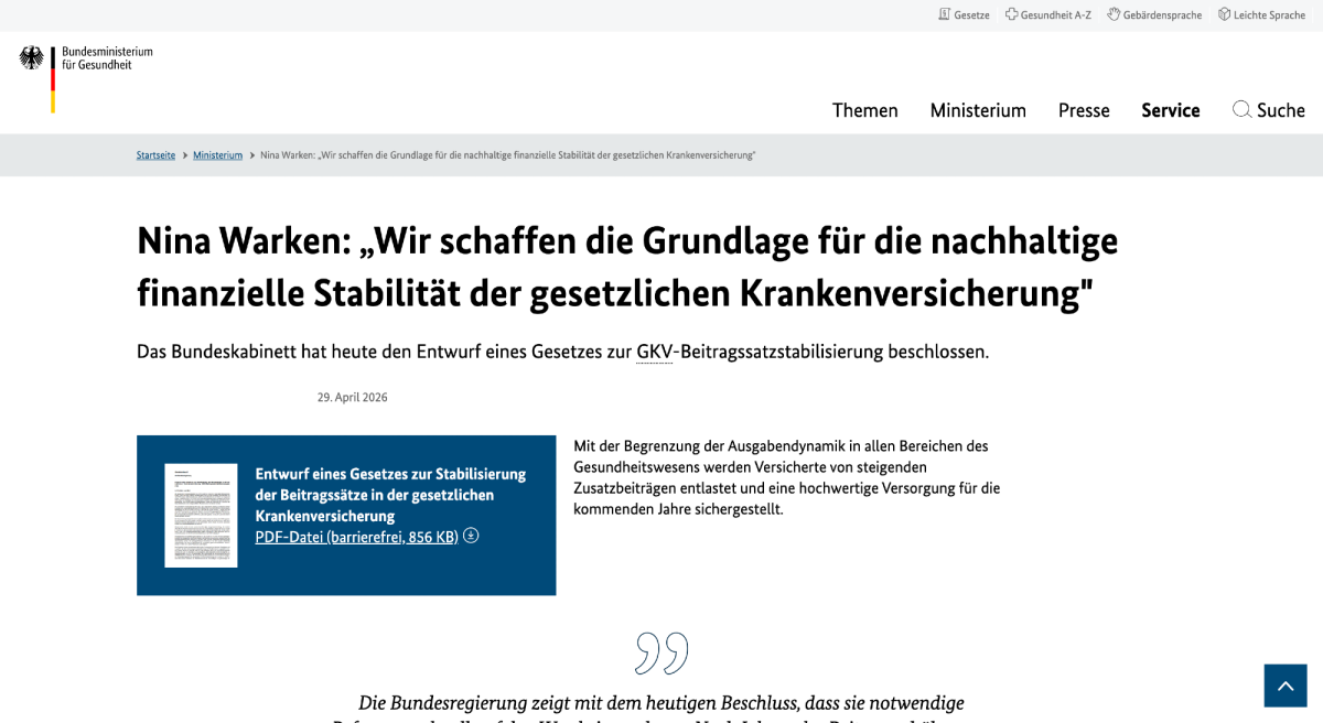 Quelle: https://www.bundesgesundheitsministerium.de/ministerium/meldungen/gkv-beitragssatzstabilisierungsgesetz-kabinett-29-04-26, abgerufen am 01.05.2026