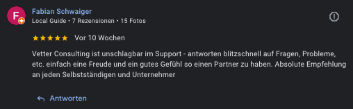 Auszug aus den Kundenbewertungen (Google - Vetter Consulting GmbH)