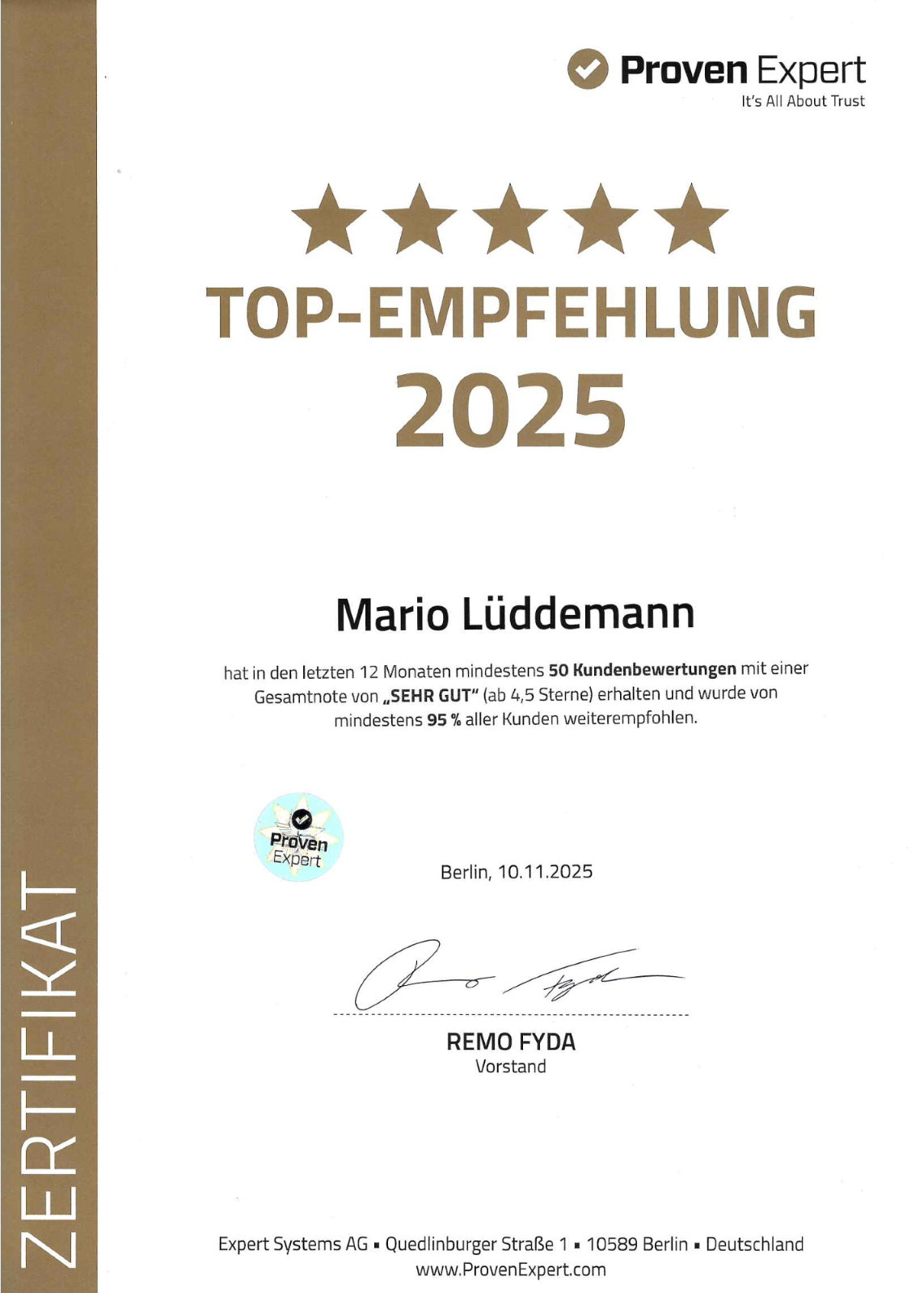 Zertifikat von ProvenExpert für Mario Lüddemann mit der Bewertung 'TOP-Empfehlung 2025'.