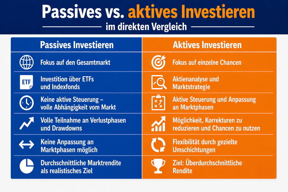 Vergleich zwischen passivem und aktivem Investieren mit Schwerpunkten.