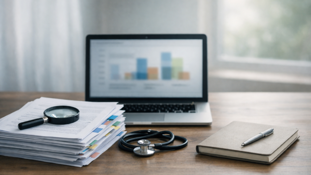 Medizinische Metaanalyse: Studienunterlagen, Stethoskop und Laptop mit Diagrammen auf einem Schreibtisch