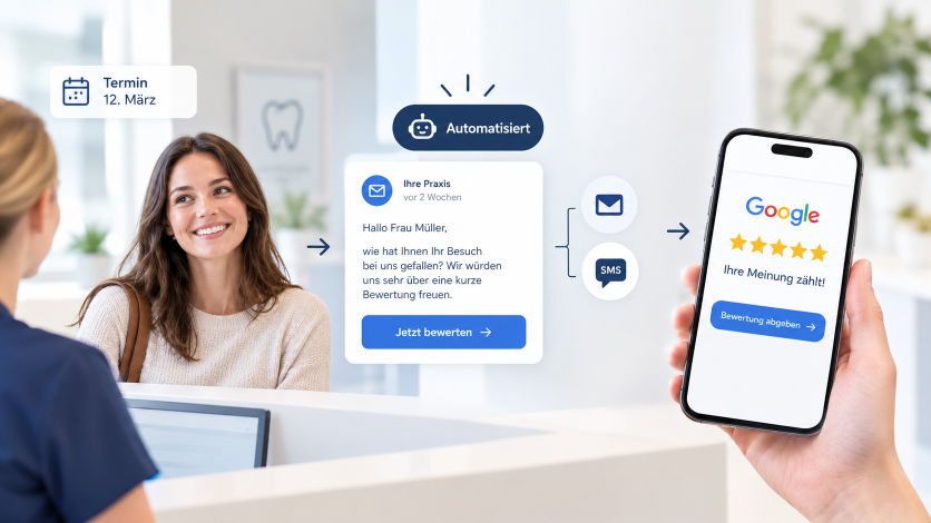 Patientin am Empfang; ein Smartphone zeigt eine Google-Bewertung – automatisierte Patientenbewertungen nach dem Termin.