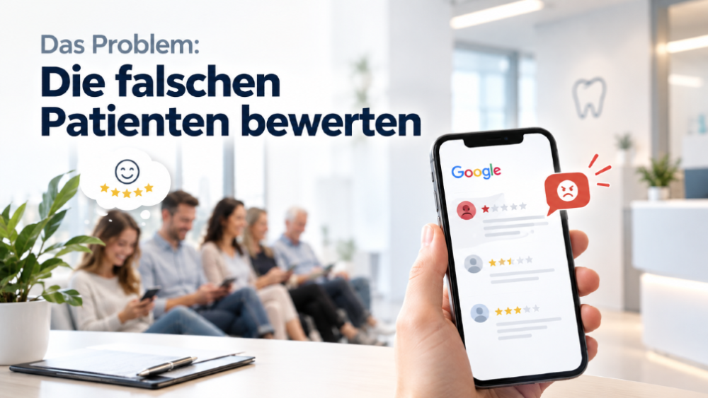 Patientenbewertungen auf einem Smartphone vor wartenden Personen in einer modernen Praxis; das Display zeigt ein Google-Bewertungsprofil.