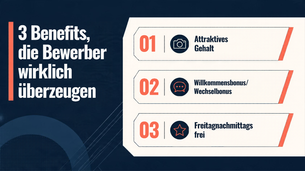 Social Media Recruiting: Grafik mit drei Benefits, darunter Gehalt, Willkommensbonus und freier Freitag.