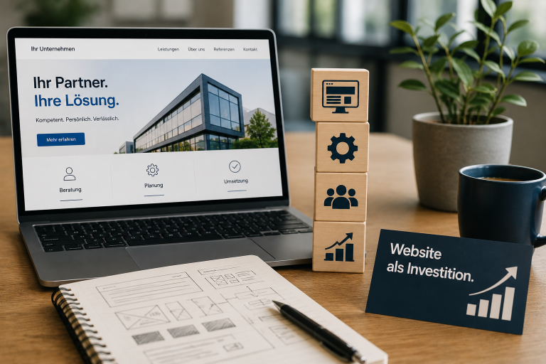 Laptop mit Website als Investition und Notizblock zur Kostenanalyse.