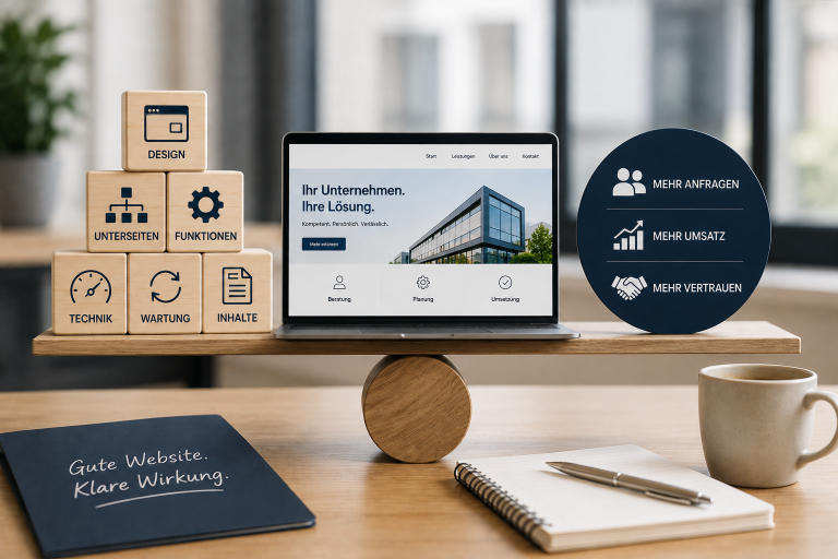 Eine moderne Darstellung von Website Kosten mit Kategorien wie Design und Funktionen.