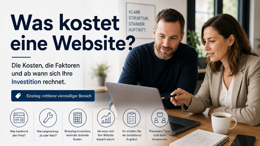 Zwei Personen besprechen die website kosten und Investitionen am Laptop.