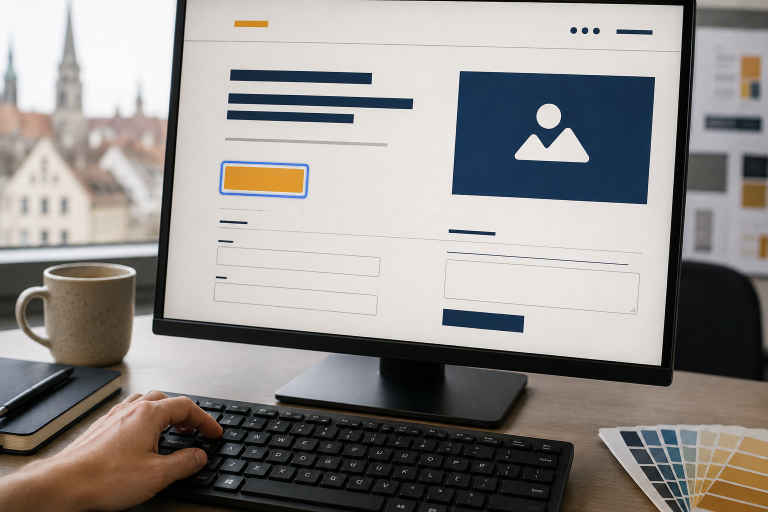 Ein Monitor zeigt eine Webseite für Webdesign in Nürnberg mit verschiedenen Anpassungen.