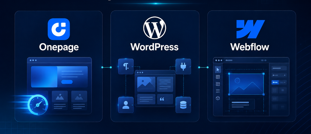 Die Programme Onepage, WordPress und Webflow im Softwarevergleich für Homepages.