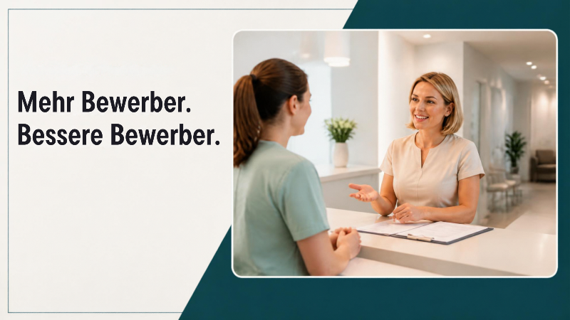 Zwei Frauen besprechen sich an einer Karriereseite in einer Praxis.