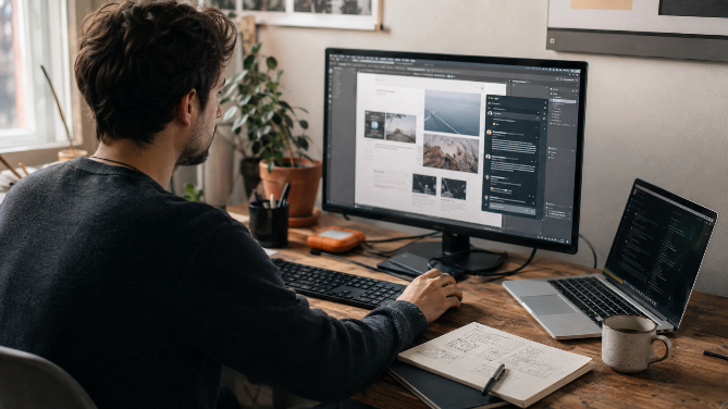 Mann arbeitet am Computer an einer Webseite mit KI.