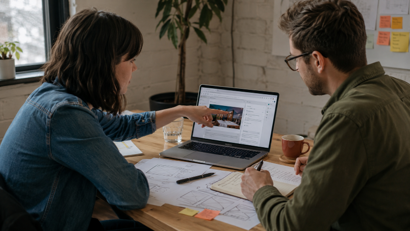 Zwei Personen diskutieren über eine Webseite mit KI am Laptop.