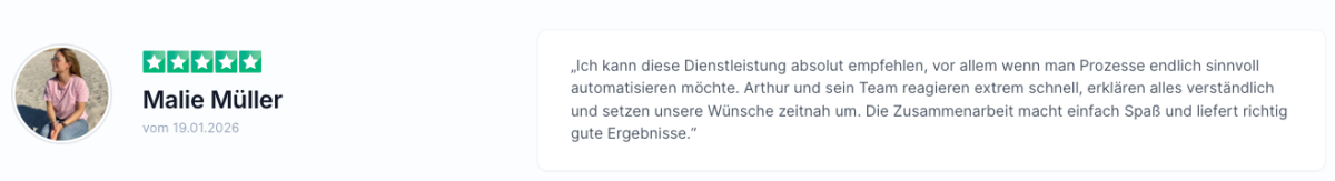 Kundenbewertung zum After-Close-Formular mit positiver Rückmeldung.