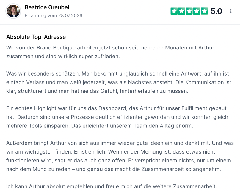 Kundenbewertung von Arthur mit 5,0 Sternen zur Zusammenarbeit bei der Buchhaltung automatisieren.