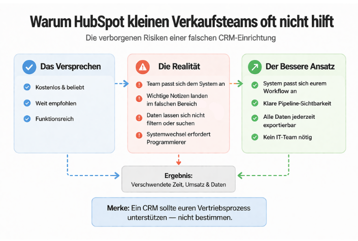 Die Grafik vergleicht in drei Spalten das Versprechen, die Realität und einen besseren Ansatz von CRM-Systemen und zeigt, warum starre Tools oft zu Ineffizienz führen. Gleichzeitig verdeutlicht sie, dass ein flexibles System den Vertriebsprozess unterstützen sollte, statt ihn vorzugeben.