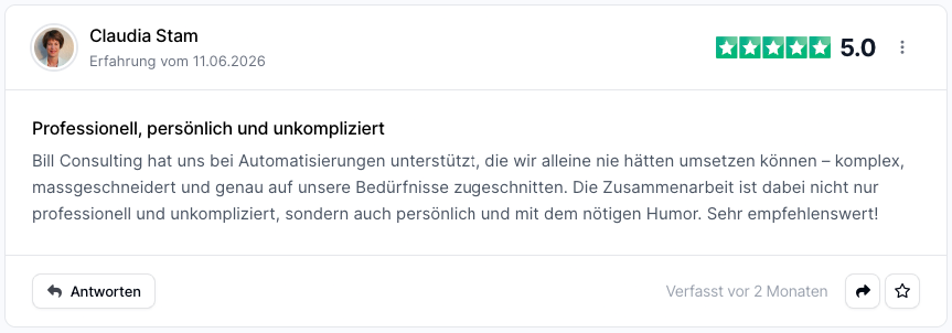 Positive Kundenbewertung zur n8n Automatisierung von Claudia Stan.