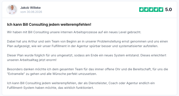 Positive Kundenbewertung über die Agentur Fulfilment Automatisierung von Bill Consulting.