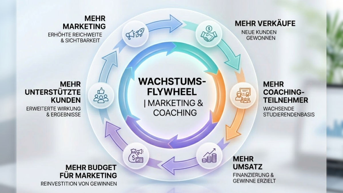 Das Wachstums-Flywheel: Diese Grafik zeigt einen geschlossenen Kreislauf, wie du mit mehr Marketing mehr Coaching-Teilnehmer gewinnst, die dann für höheren Umsatz sorgen, den du wiederum in neues Marketing investieren kannst. Es ist ein Workshop-artiges Modell, das darstellt, wie jeder Schritt den nächsten befeuert und so das gesamte Geschäft antreibt.