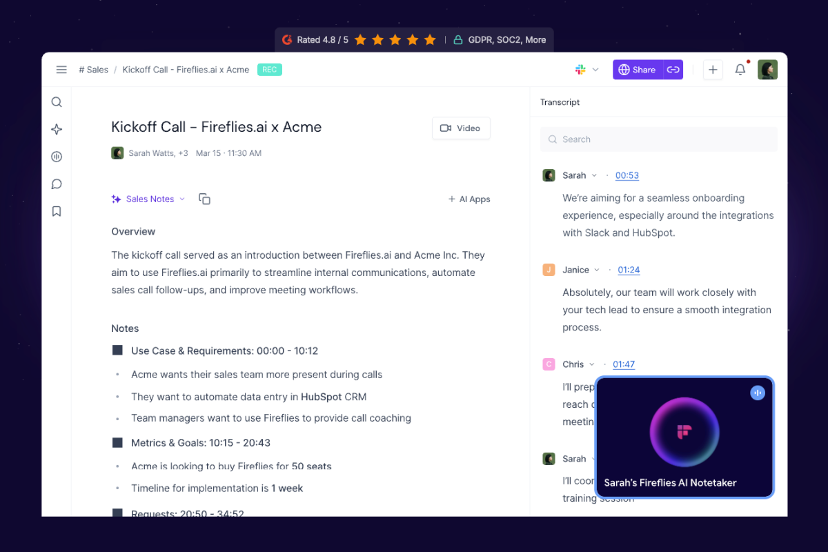 So sieht die Oberfläche von Fireflies aus. Videoaufzeichnungen, Transkripte und eine Gesprächszusammenfassung lassen sich direkt einsehen.