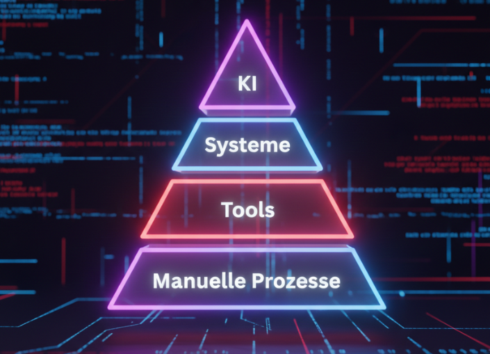 Die KI-Pyramide: Erfolgreiche KI-Implementierung braucht ein stabiles Fundament aus manuellen Prozessen, Tools und Systemen.
