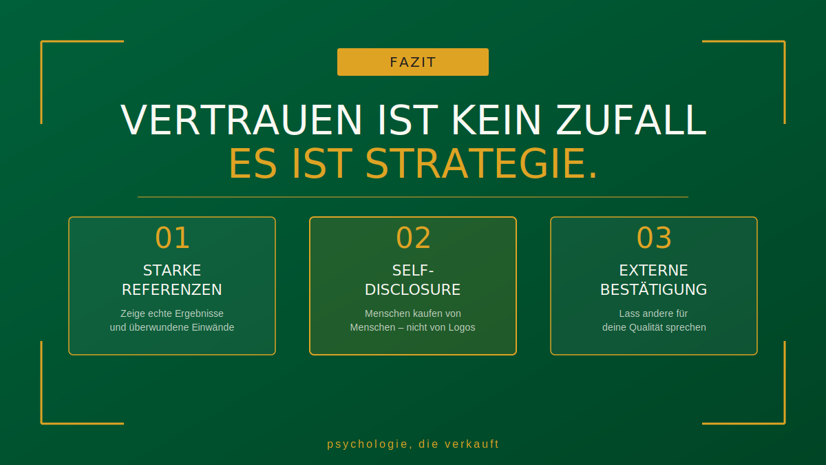 Fazit-Grafik: Vertrauen ist kein Zufall, es ist Strategie – die drei Hebel Referenzen, Self-Disclosure und externe Bestätigung auf einen Blick | psychologie, die verkauft by Matthias Bullmahn