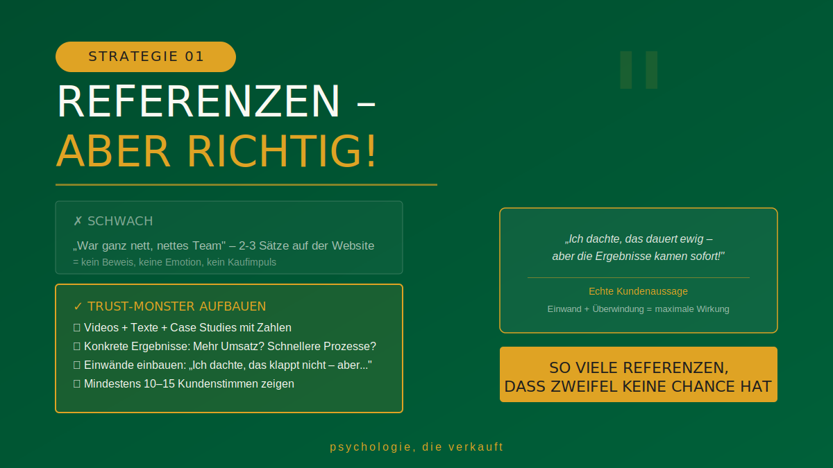 Vergleichsgrafik: Schwache vs. starke Referenzen – so baust du ein echtes Trust-Monster mit Videos, Zahlen und überwundenen Einwänden | psychologie, die verkauft by Matthias Bullmahn