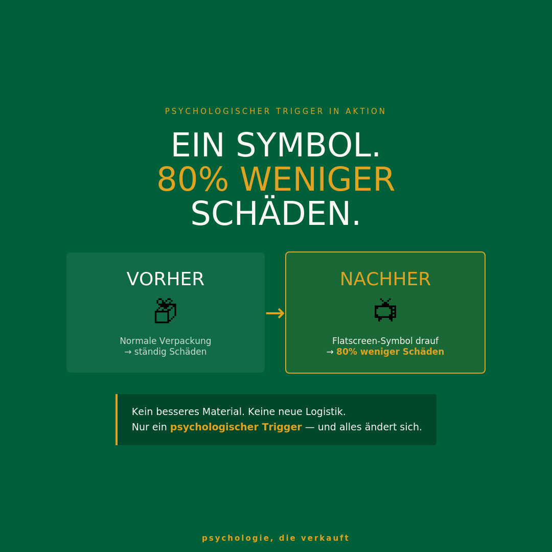 Vorher-Nachher-Grafik: Normale Verpackung vs. Flatscreen-Symbol auf Paket, 80% weniger Transportschäden durch einen einzigen psychologischen Trigger | psychologie, die verkauft by Matthias Bullmahn