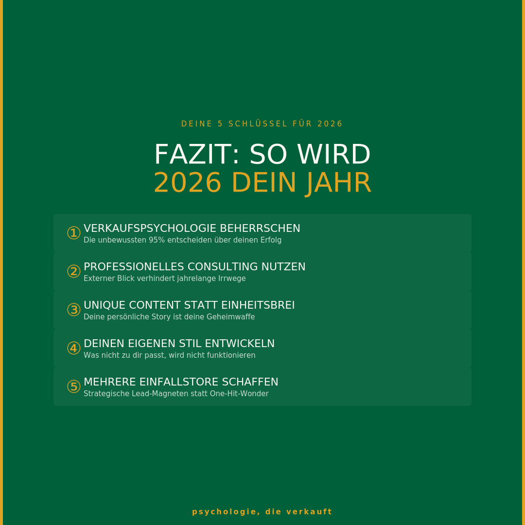 Fazit-Infografik mit 5 nummerierten Schlüsseln für 2026: Verkaufspsychologie, Consulting, Unique Content, eigener Stil, mehrere Einfallstore | psychologie, die verkauft by Matthias Bullmahn