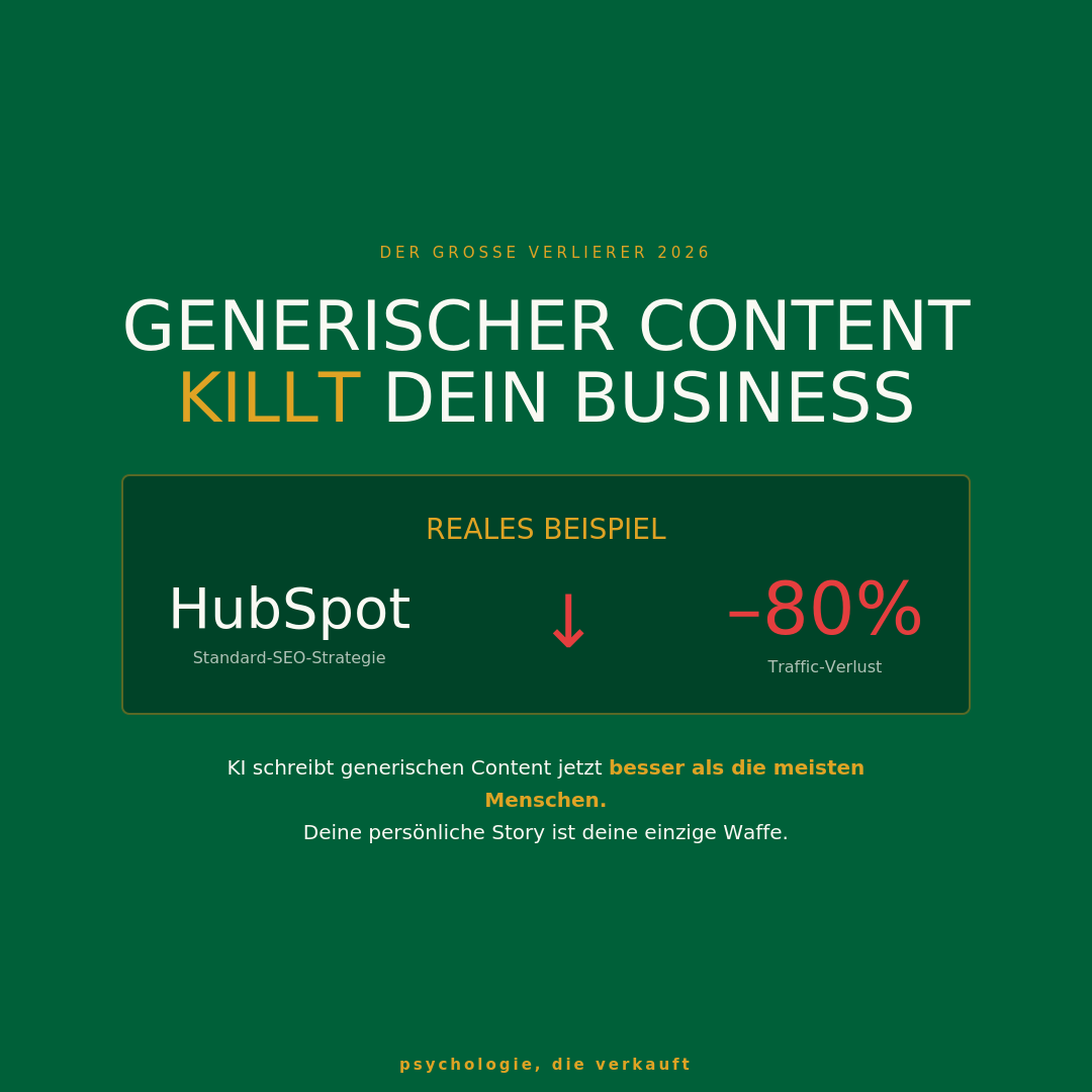 Warngrafik: HubSpot verlor 80% Traffic durch generischen Content – Headline:
