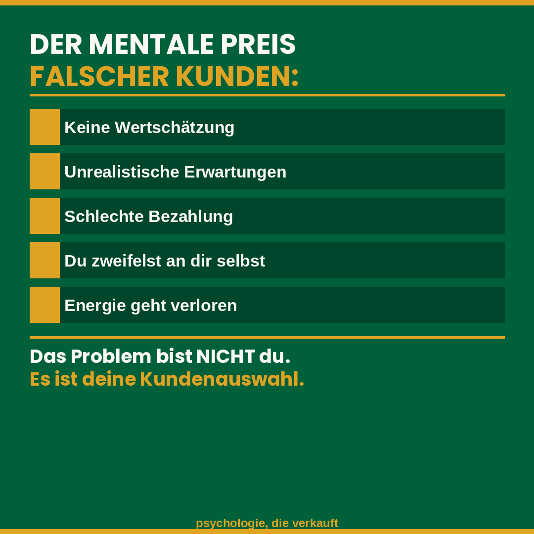 Mentaler Preis: Infografik zu den fünf mentalen Kosten falscher Kunden – von fehlender Wertschätzung bis zum Selbstzweifel | psychologie, die verkauft by Matthias Bullmahn