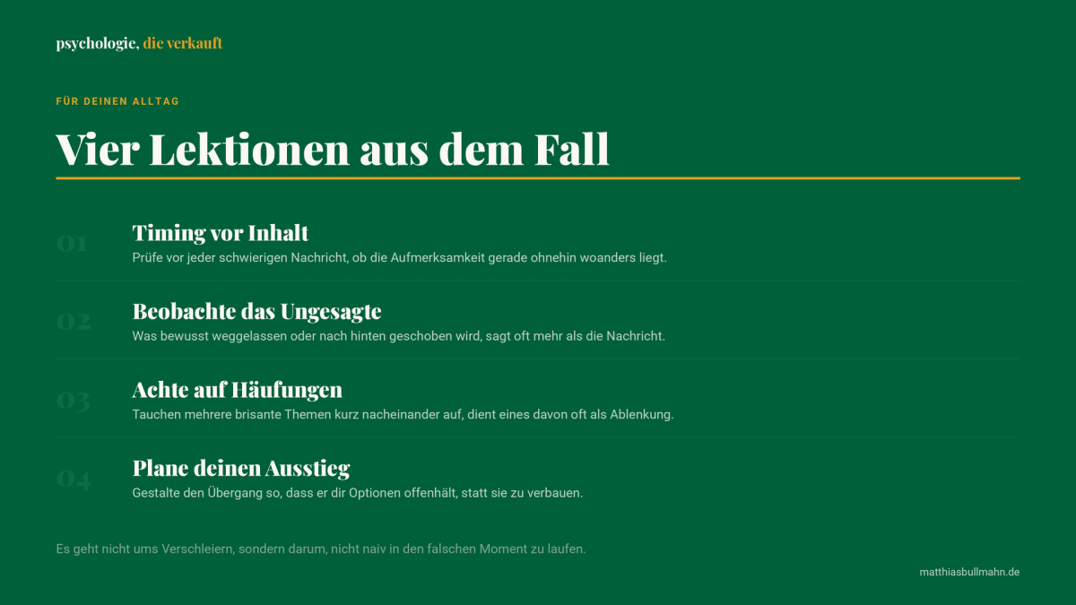 Vier Lektionen aus dem Fall Jens Spahn, darunter Timing und Handlungsmöglichkeiten.