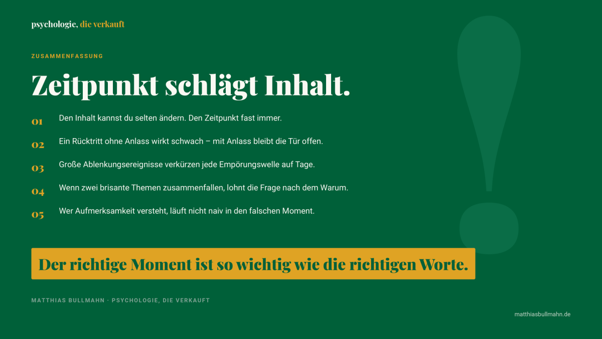 Visualisierung des Prinzips 'Zeitpunkt schlägt Inhalt' mit Tipps zur Kommunikation.