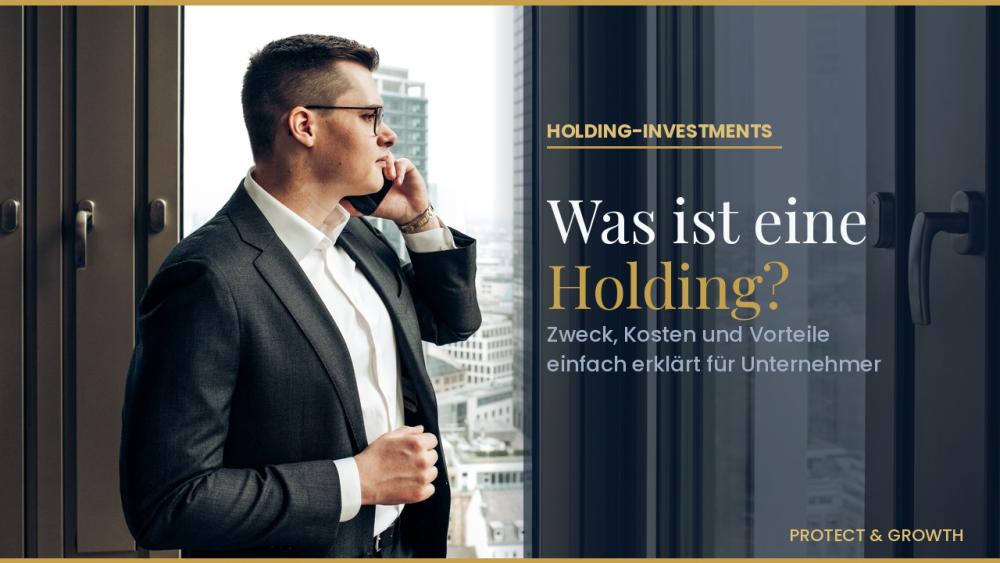 Businessman im Büro, der über Holding für Unternehmer spricht.