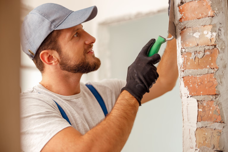 Handwerker bei der Renovierung eines Mauerwerks in Mainz.