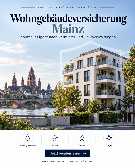 Moderne Immobilie in Mainz mit Blick auf die Stadt und Rheinufer, thematisch zur Wohngebäudeversicherung Mainz.