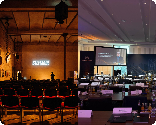 Zwei Eventlocations für ein Firmenevent planen: Kreativraum und Konferenzsaal.