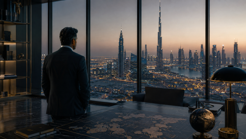 Blick aus einem Büro in Dubai auf die Skyline, die Perspektive eines Unternehmers.