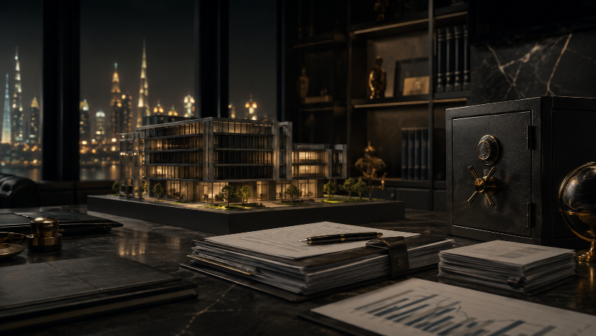Modell eines modernen Büros in Dubai mit Blick auf die Skyline.