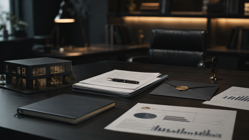 Arbeitsplatz mit Unterlagen und Stift zur Betriebsvermögensverschonung.